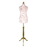 Display Guru Female Uk Size 8/10 Dressmakers Tailors Dummy Mannequin, Brown Flower on Cream Torso Bust With Gold Wood Tripod Stand
